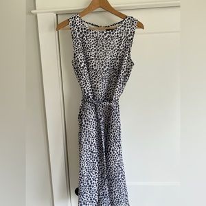 Blue and white dotted dress with tie belt